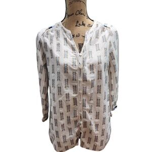 Pure‎ Jill Embroidered Button-Down Blouse Geometric Pattern White Blue XS